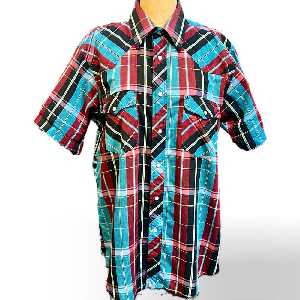 VINTAGE 70s Wrangler Cowboy Cut pearl snap button down shirt short sleeve plaid